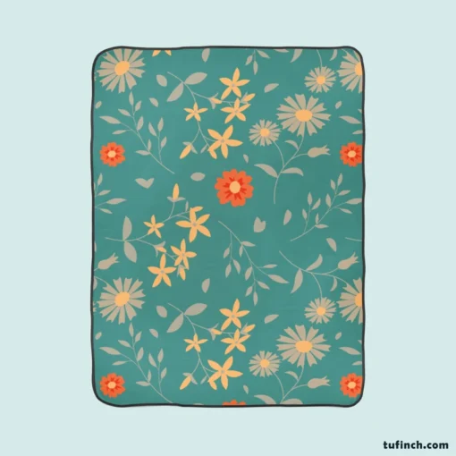 Tiny Cute Flowers Teal Green Pattern Fleece Blanket 1