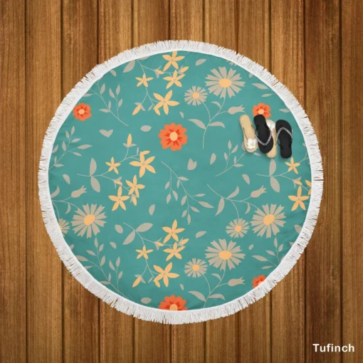 Tiny Cute Flowers Teal Green Pattern Round Beach Towel