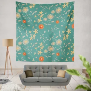 Tiny Cute Flowers Teal Green Pattern Wall Tapestry