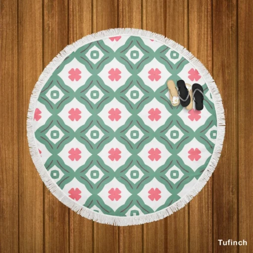 Trendy Green Pink Design Round Beach Towel