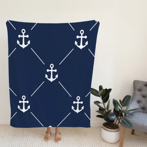 Triangle Pattern White Anchor On Catalina Blue Fleece Blanket