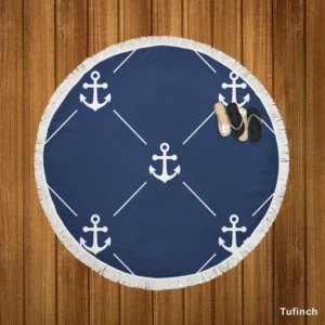 Triangle Pattern White Anchor On Catalina Blue Round Beach Towel