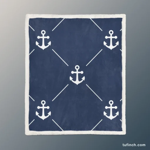 Triangle Pattern White Anchor On Catalina Blue Sherpa Fleece Blanket 1