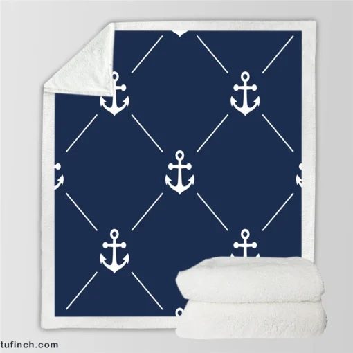 Triangle Pattern White Anchor On Catalina Blue Sherpa Fleece Blanket