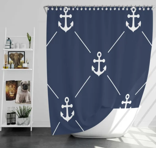 Triangle Pattern White Anchor On Catalina Blue Shower Curtain