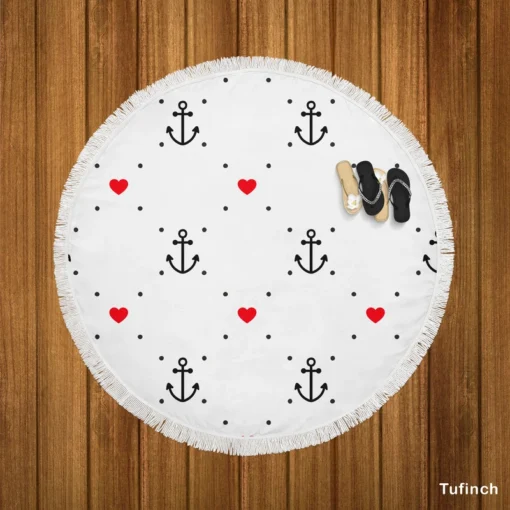 Triangle Pattern With Marine Anchor Heart Round Beach Towel