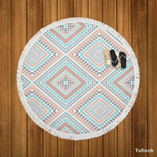 Tribal Ethnic Square Pattern Round Beach Towel