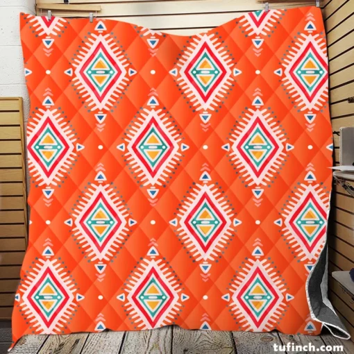 Tribal Orange And White Pattern Quilt Blanket