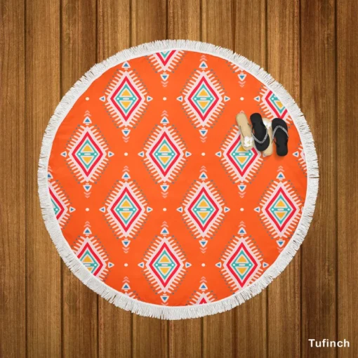 Tribal Orange And White Pattern Round Beach Towel