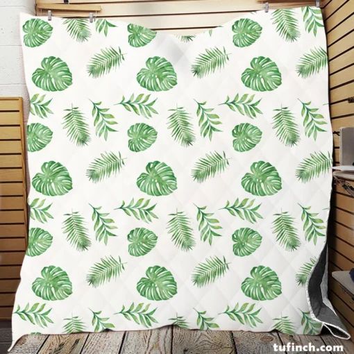 Tropical Green Leaves Pattern Quilt Blanket