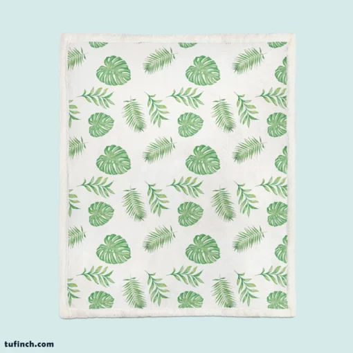 Tropical Green Leaves Pattern Sherpa Fleece Blanket 1