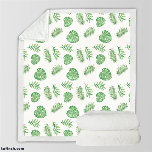 Tropical Green Leaves Pattern Sherpa Fleece Blanket