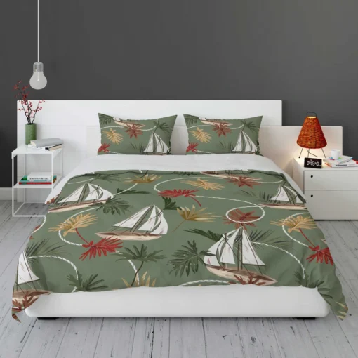 Tropical Leaves Sailboat Pattern Bedding Set 1