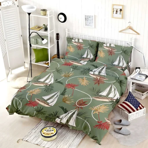 Tropical Leaves Sailboat Pattern Bedding Set