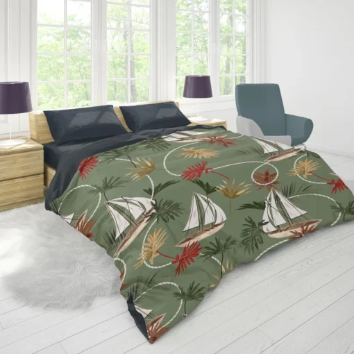 Tropical Leaves Sailboat Pattern Duvet Cover 1