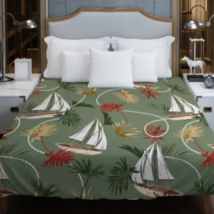 Tropical Leaves Sailboat Pattern Duvet Cover