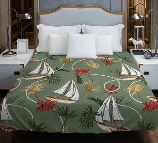 Tropical Leaves Sailboat Pattern Duvet Cover