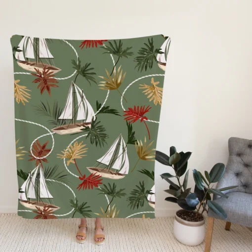 Tropical Leaves Sailboat Pattern Fleece Blanket