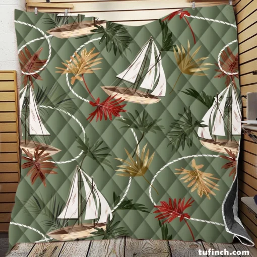 Tropical Leaves Sailboat Pattern Quilt Blanket