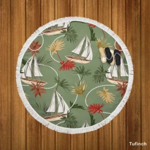 Tropical Leaves Sailboat Pattern Round Beach Towel