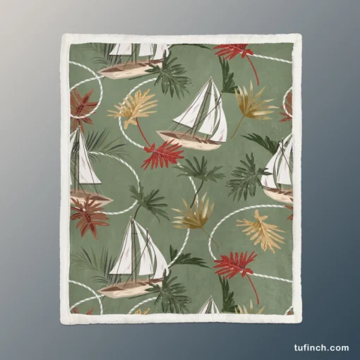 Tropical Leaves Sailboat Pattern Sherpa Fleece Blanket 1