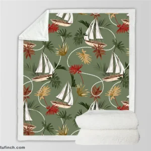 Tropical Leaves Sailboat Pattern Sherpa Fleece Blanket