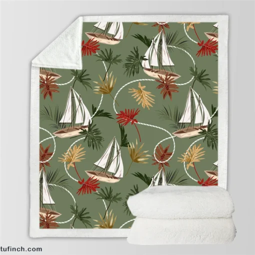 Tropical Leaves Sailboat Pattern Sherpa Fleece Blanket