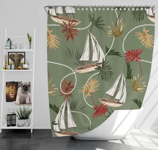 Tropical Leaves Sailboat Pattern Shower Curtain