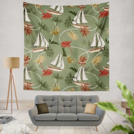 Tropical Leaves Sailboat Pattern Wall Tapestry