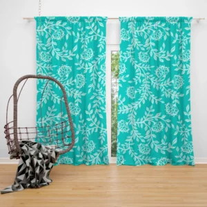 Turquoise Floral Blue Background Curtain