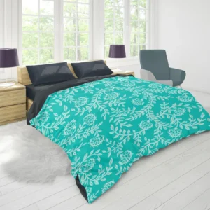 Turquoise Floral Blue Background Duvet Cover 1