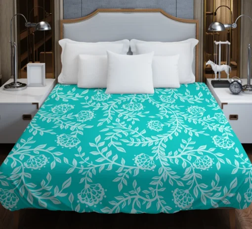 Turquoise Floral Blue Background Duvet Cover