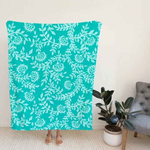 Turquoise Floral Blue Background Fleece Blanket