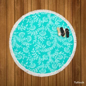 Turquoise Floral Blue Background Round Beach Towel