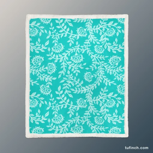 Turquoise Floral Blue Background Sherpa Fleece Blanket 1