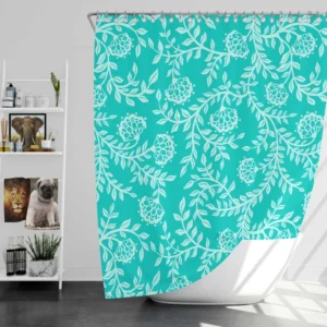 Turquoise Floral Blue Background Shower Curtain