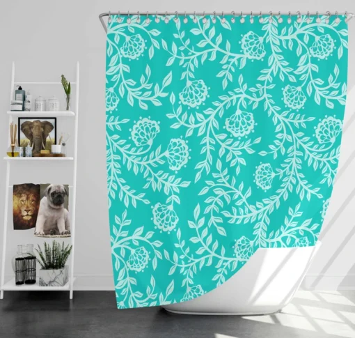 Turquoise Floral Blue Background Shower Curtain