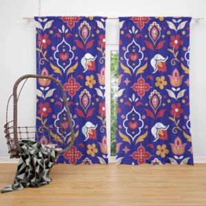 Uzbekistan Folk Design On Blue Curtain