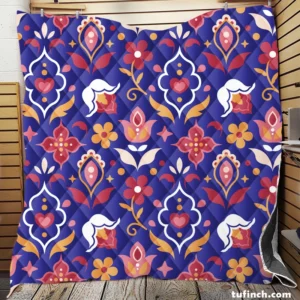 Uzbekistan Folk Design On Blue Quilt Blanket