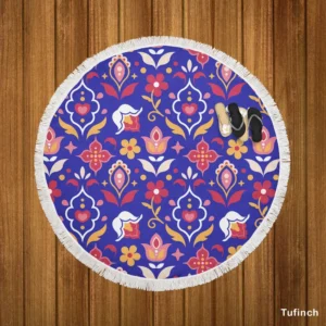 Uzbekistan Folk Design On Blue Round Beach Towel