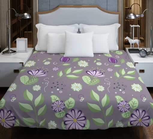 Vibrant Purple And Green Flowers Duvet Cover