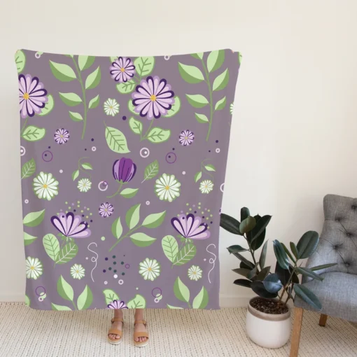 Vibrant Purple And Green Flowers Fleece Blanket