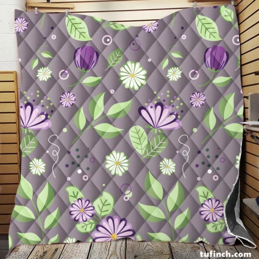 Vibrant Purple And Green Flowers Quilt Blanket