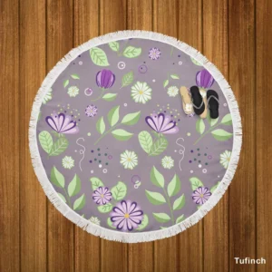 Vibrant Purple And Green Flowers Round Beach Towel