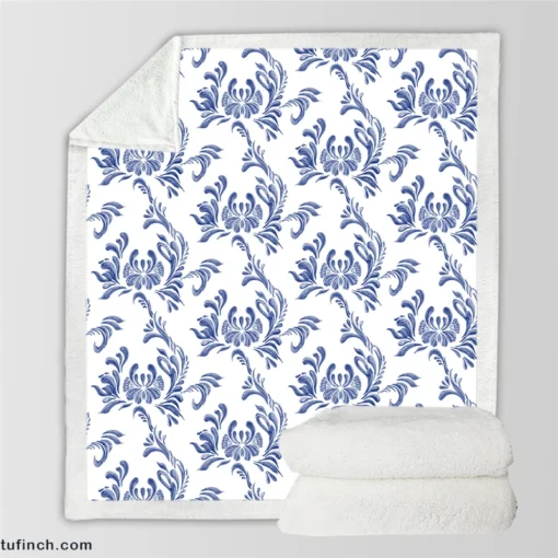 Vintage Blue Toile Artwork Sherpa Fleece Blanket