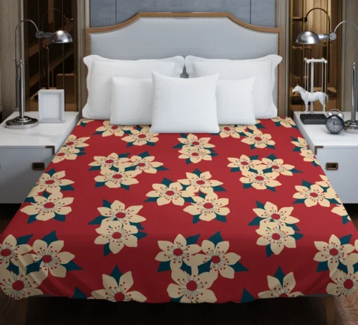 Vintage Ditsy Floral Red Background Duvet Cover