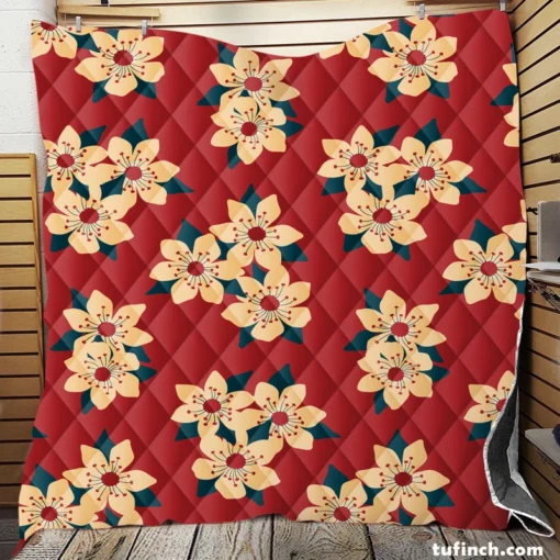 Vintage Ditsy Floral Red Background Quilt Blanket