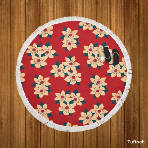 Vintage Ditsy Floral Red Background Round Beach Towel