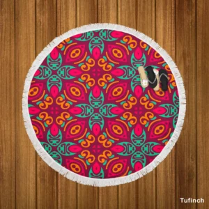 Vintage Folk Flowers Pattern Round Beach Towel