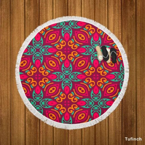 Vintage Folk Flowers Pattern Round Beach Towel